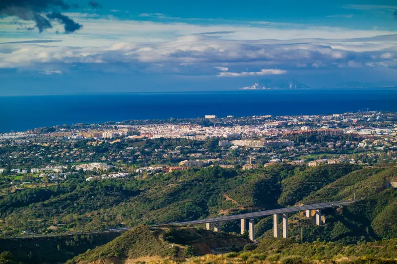 The coast west of Marbella seen from the hills, with Gibraltar on the horizon